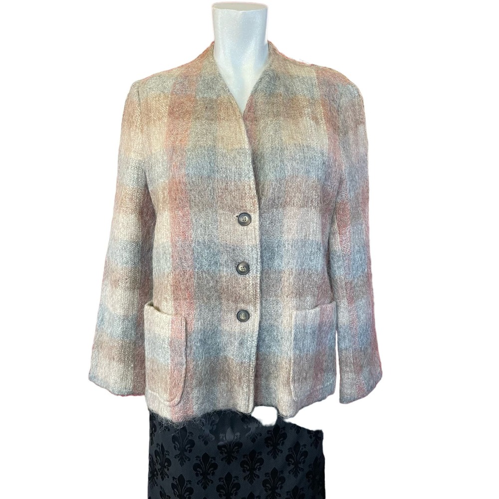 Vintage 80s Prato Pastel Plaid Collarless Wool Blazer Button Front Academia M/L